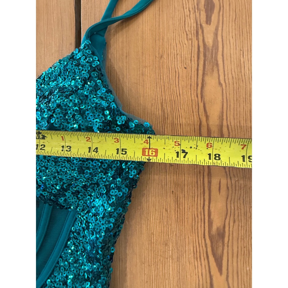 Morgan & Co Teal Sequin Mesh Corset Maxi Dress Formal Prom Gown Side Slit Size 5 - Picture 7 of 10